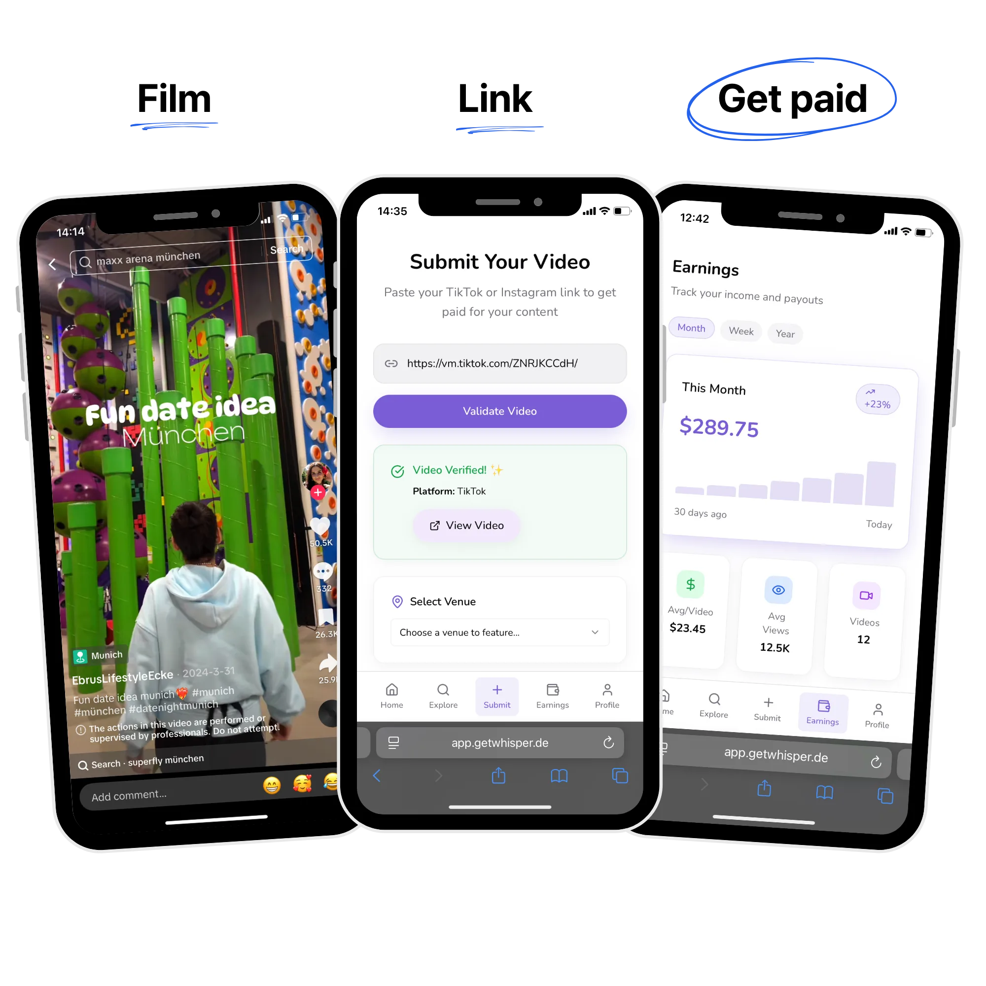 Guac creator flow showing filming, submission, and payouts